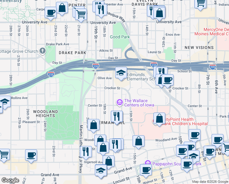 map of restaurants, bars, coffee shops, grocery stores, and more near 1700 Crocker Street in Des Moines
