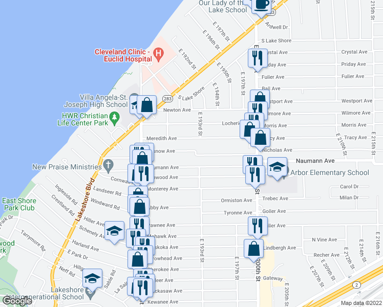 map of restaurants, bars, coffee shops, grocery stores, and more near 19170 Pasnow Avenue in Euclid