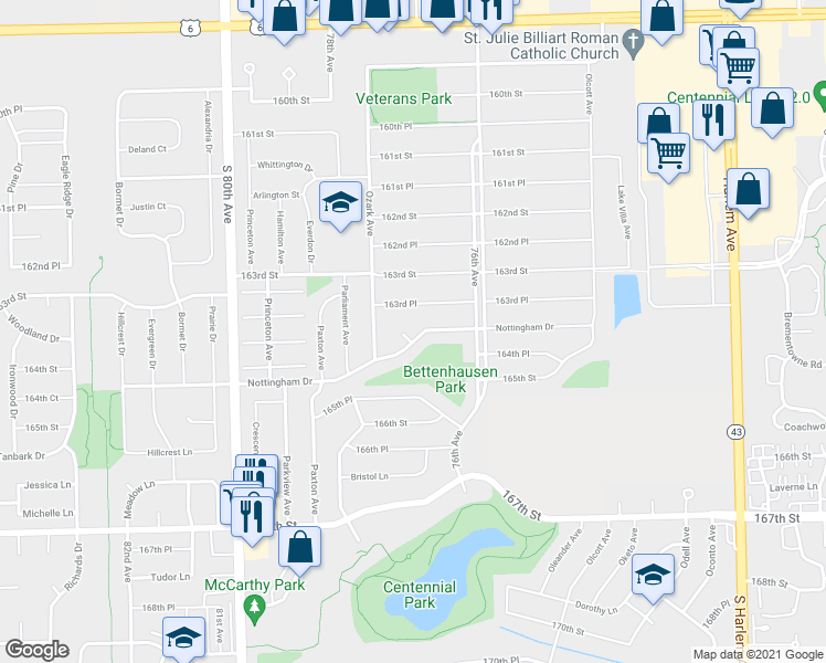 map of restaurants, bars, coffee shops, grocery stores, and more near 7714 Nottingham Drive in Tinley Park