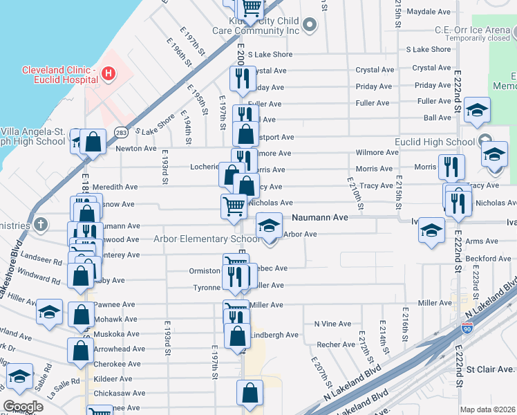 map of restaurants, bars, coffee shops, grocery stores, and more near 20271 Nicholas Avenue in Euclid
