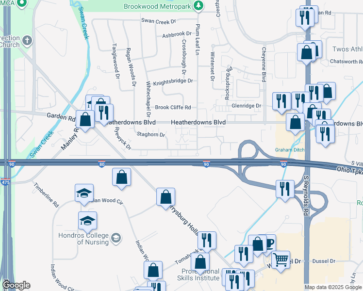 map of restaurants, bars, coffee shops, grocery stores, and more near 2550 Heatherwyck Court in Toledo