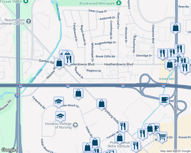 map of restaurants, bars, coffee shops, grocery stores, and more near 5841 Staghorn Drive in Toledo