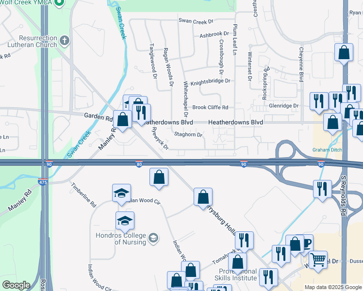 map of restaurants, bars, coffee shops, grocery stores, and more near 5841 Staghorn Drive in Toledo