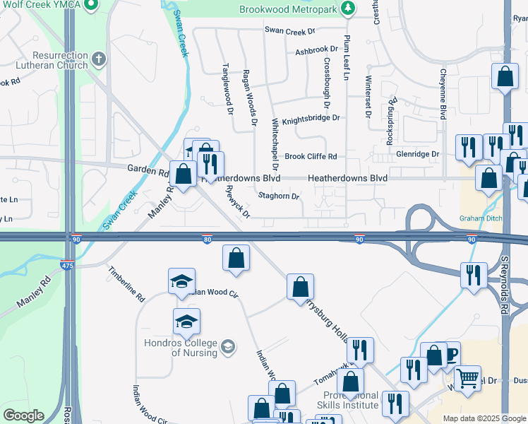 map of restaurants, bars, coffee shops, grocery stores, and more near 5841 Staghorn Drive in Toledo