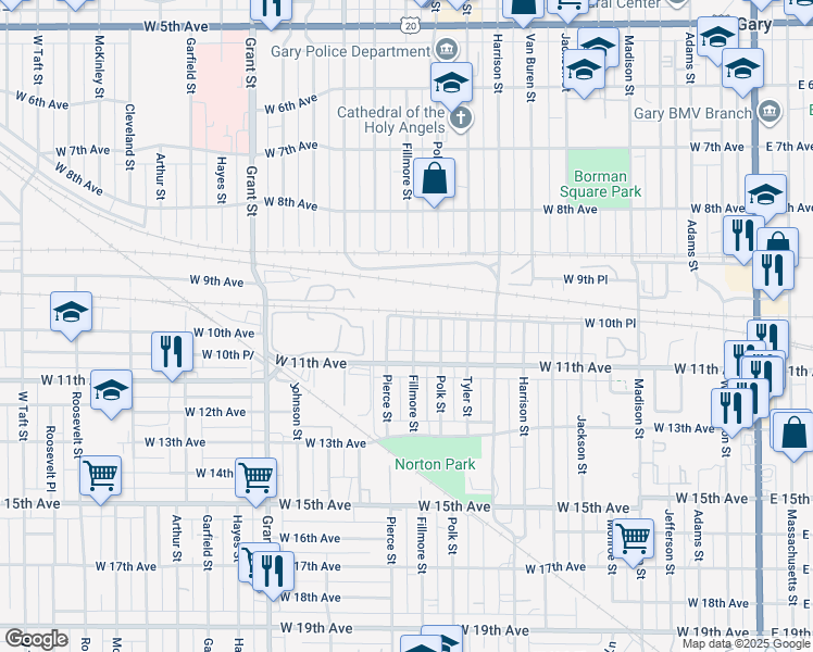 map of restaurants, bars, coffee shops, grocery stores, and more near 1037 Pierce St in Gary