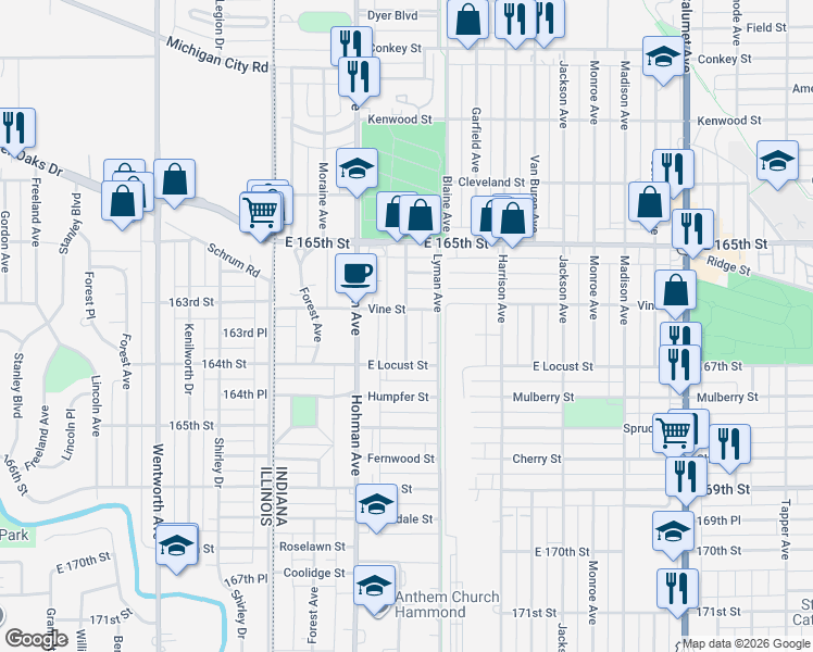 map of restaurants, bars, coffee shops, grocery stores, and more near 232 Vine Street in Hammond