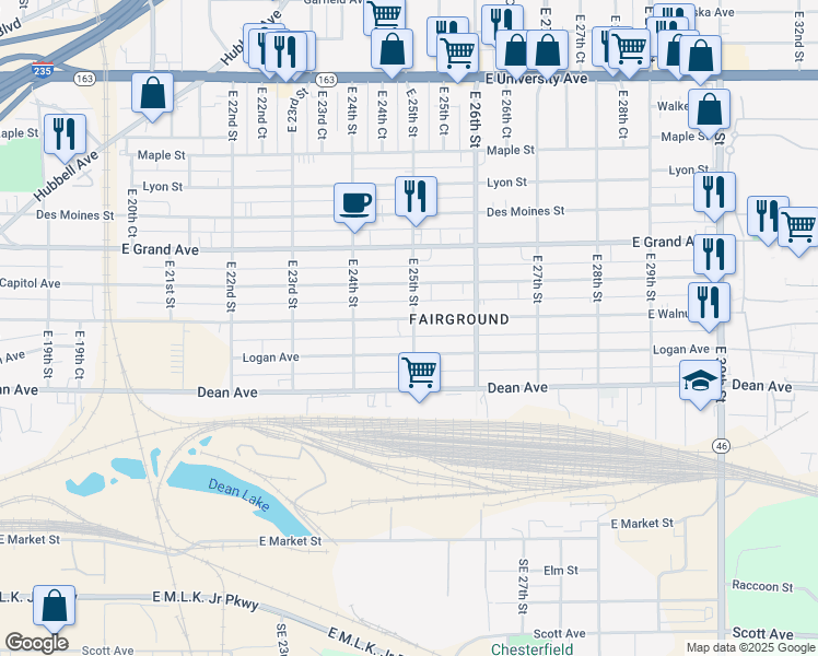 map of restaurants, bars, coffee shops, grocery stores, and more near 2504 East Walnut Street in Des Moines
