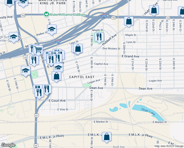 map of restaurants, bars, coffee shops, grocery stores, and more near 1808 East Walnut Street in Des Moines