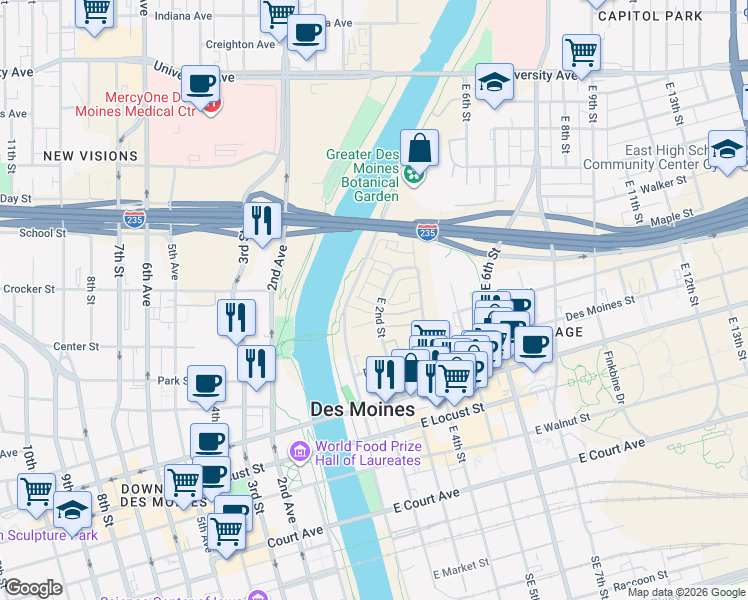 map of restaurants, bars, coffee shops, grocery stores, and more near 102 East Center Street in Des Moines