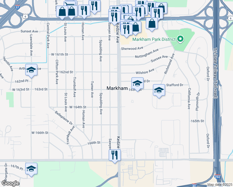 map of restaurants, bars, coffee shops, grocery stores, and more near 16316 Kedzie Avenue in Markham