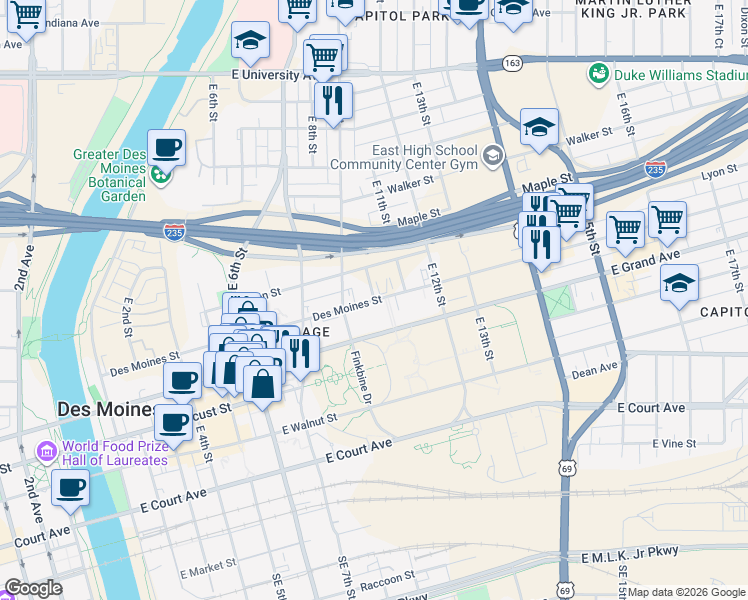 map of restaurants, bars, coffee shops, grocery stores, and more near Des Moines Street in Des Moines