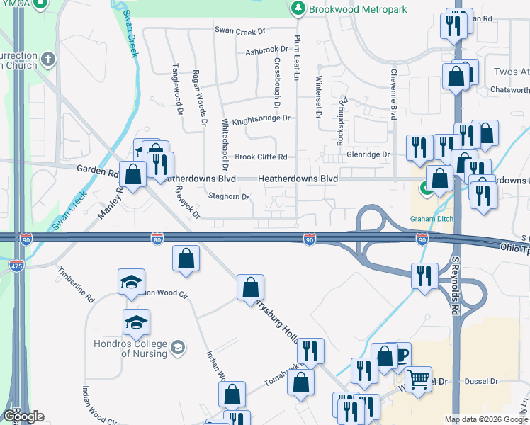 map of restaurants, bars, coffee shops, grocery stores, and more near 2550 Heatherwyck Court in Toledo