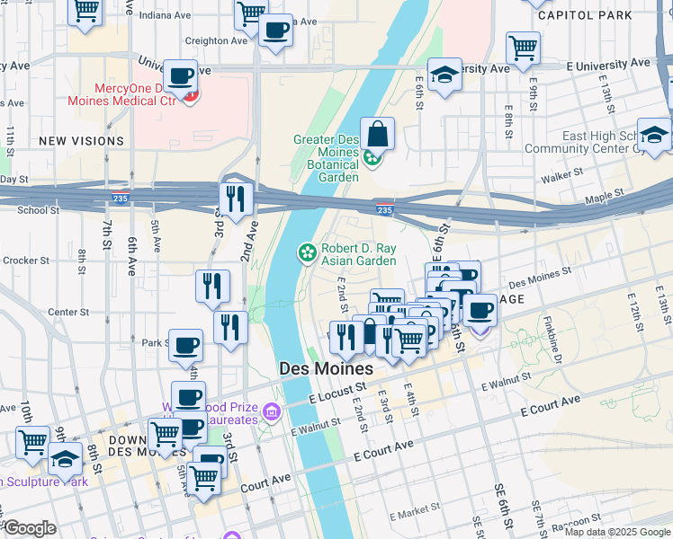 map of restaurants, bars, coffee shops, grocery stores, and more near 102 East Center Street in Des Moines