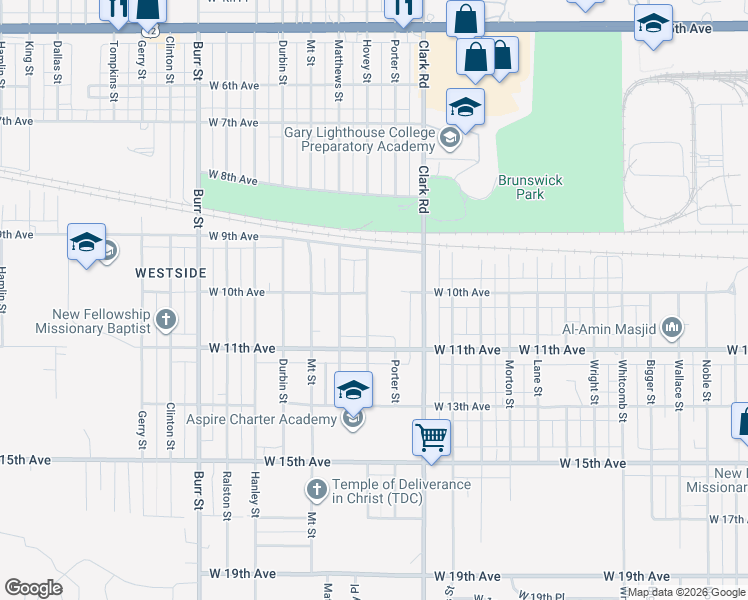 map of restaurants, bars, coffee shops, grocery stores, and more near 4733 West 10th Avenue in Gary