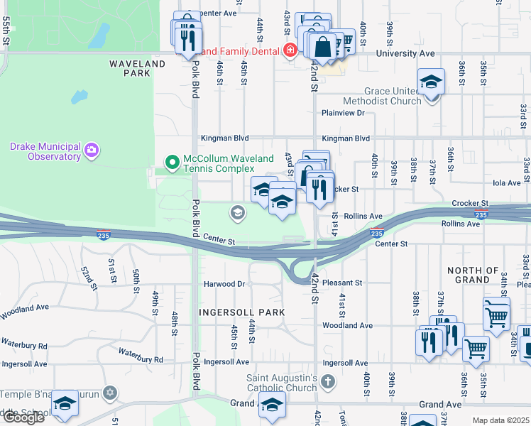 map of restaurants, bars, coffee shops, grocery stores, and more near 4419 Center Street in Des Moines