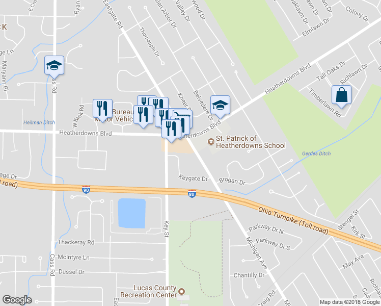 map of restaurants, bars, coffee shops, grocery stores, and more near 2540 Eastgate Road in Toledo