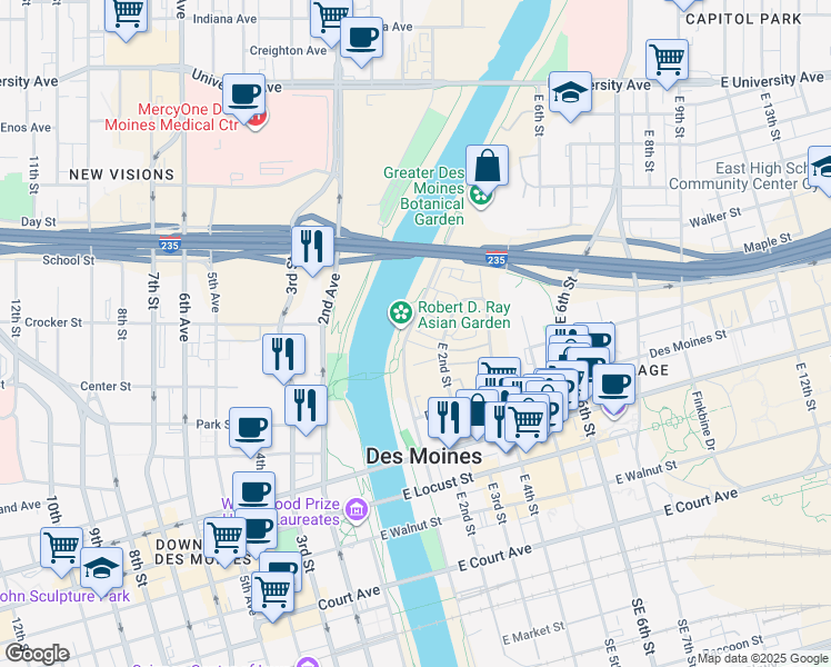 map of restaurants, bars, coffee shops, grocery stores, and more near 102 East Center Street in Des Moines