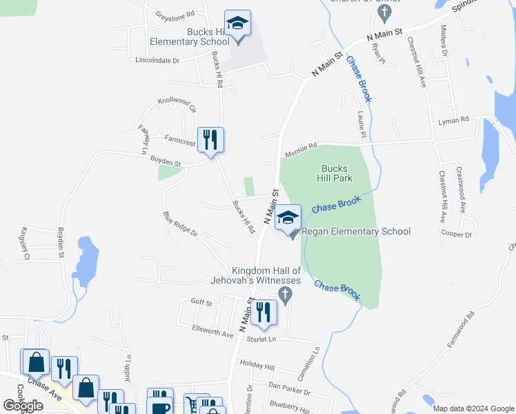 map of restaurants, bars, coffee shops, grocery stores, and more near 2817 North Main Street in Waterbury