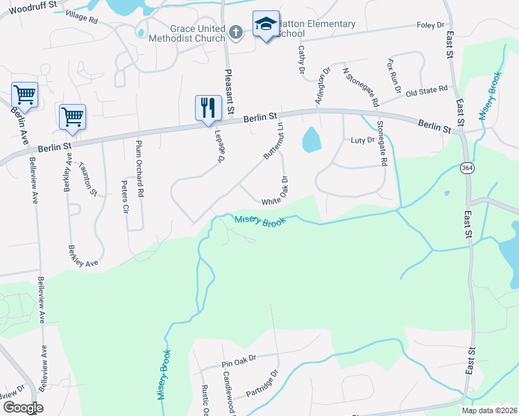 map of restaurants, bars, coffee shops, grocery stores, and more near 70 White Oak Drive in Southington