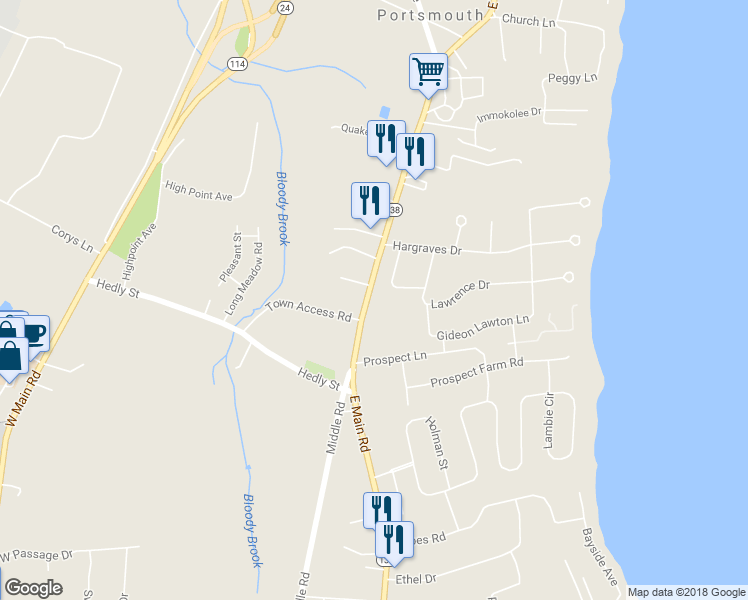 map of restaurants, bars, coffee shops, grocery stores, and more near 2317 East Main Road in Portsmouth