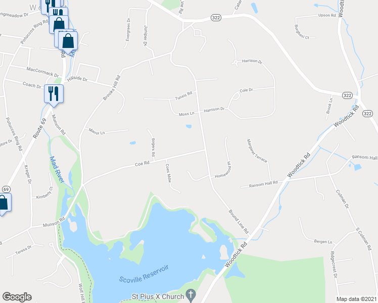 map of restaurants, bars, coffee shops, grocery stores, and more near 30 Coe Road in Wolcott