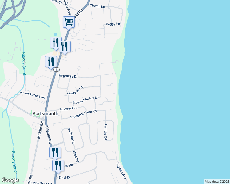 map of restaurants, bars, coffee shops, grocery stores, and more near 312 Prospect Lane in Portsmouth