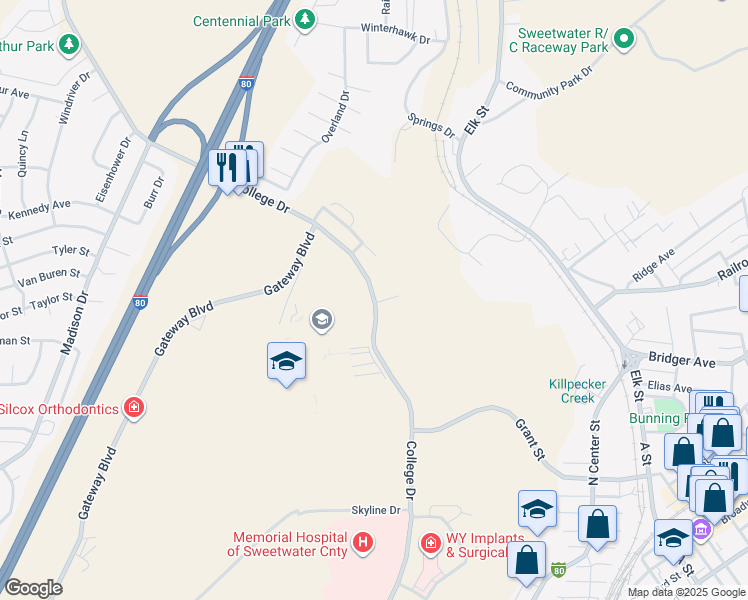 map of restaurants, bars, coffee shops, grocery stores, and more near 3010 College Drive in Rock Springs