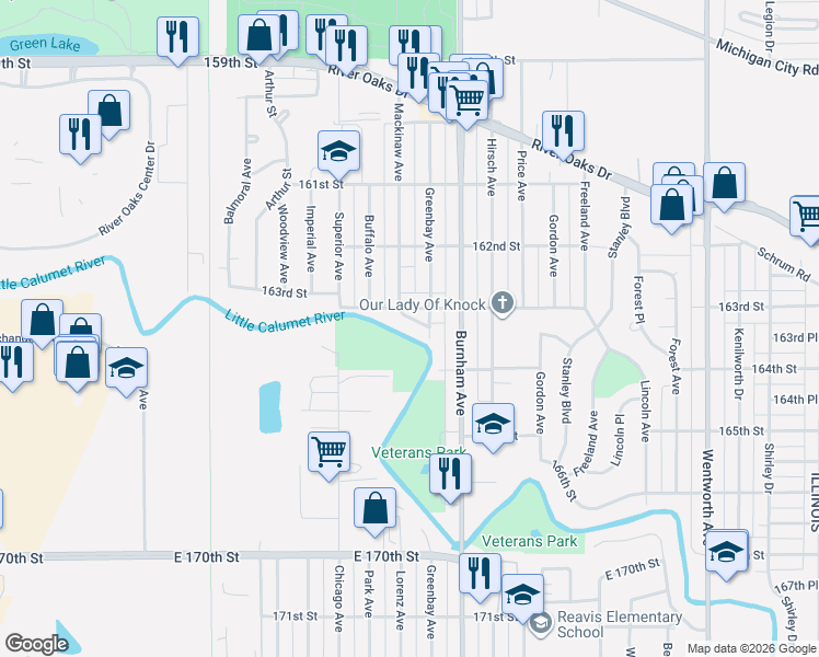 map of restaurants, bars, coffee shops, grocery stores, and more near 677 River Drive in Calumet City