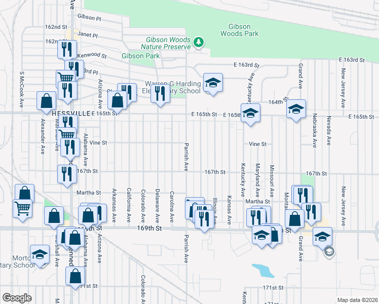 map of restaurants, bars, coffee shops, grocery stores, and more near 6605 Parrish Avenue in Hammond