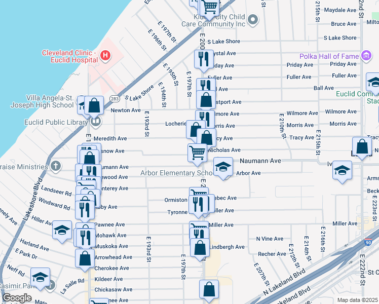 map of restaurants, bars, coffee shops, grocery stores, and more near 19831 Pasnow Avenue in Euclid