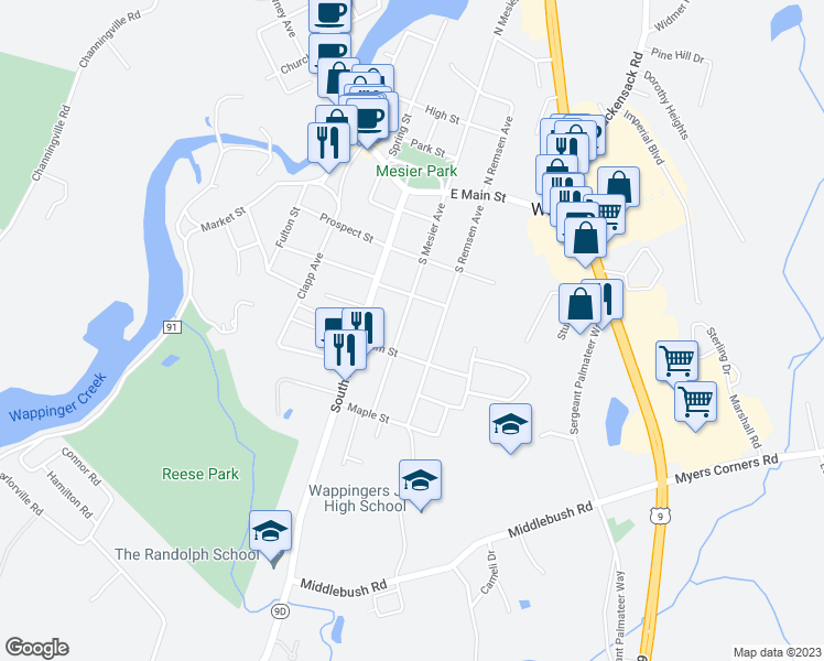 map of restaurants, bars, coffee shops, grocery stores, and more near 50 South Mesier Avenue in Wappingers Falls