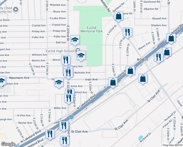 map of restaurants, bars, coffee shops, grocery stores, and more near 22951 Nicholas Avenue in Euclid
