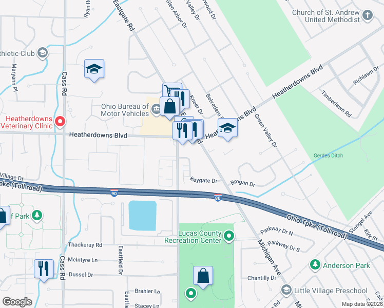 map of restaurants, bars, coffee shops, grocery stores, and more near in Toledo