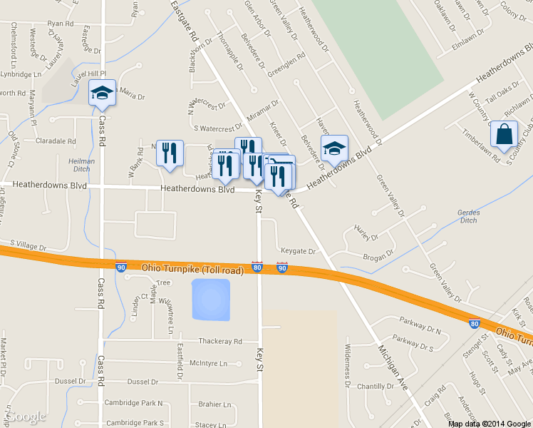 map of restaurants, bars, coffee shops, grocery stores, and more near in Toledo