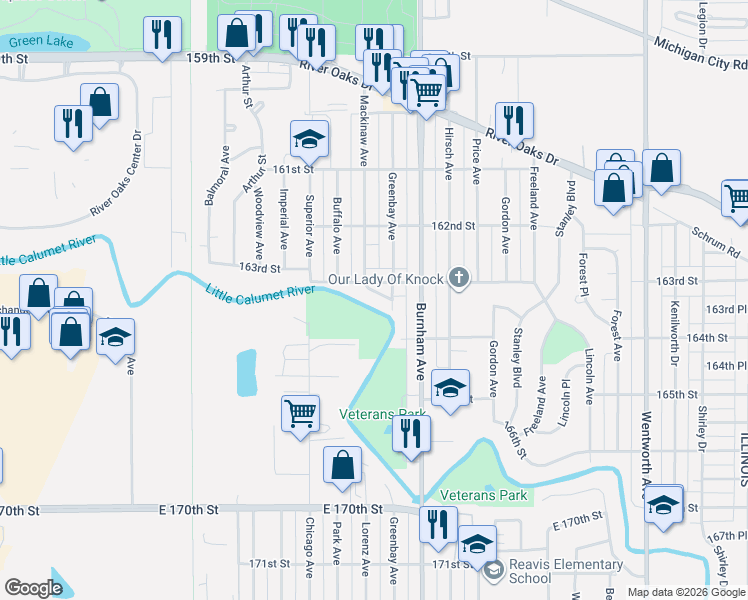 map of restaurants, bars, coffee shops, grocery stores, and more near 677 River Drive in Calumet City