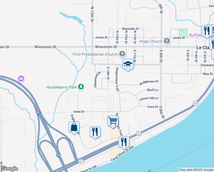 map of restaurants, bars, coffee shops, grocery stores, and more near 1464 Kaylann Drive in Le Claire
