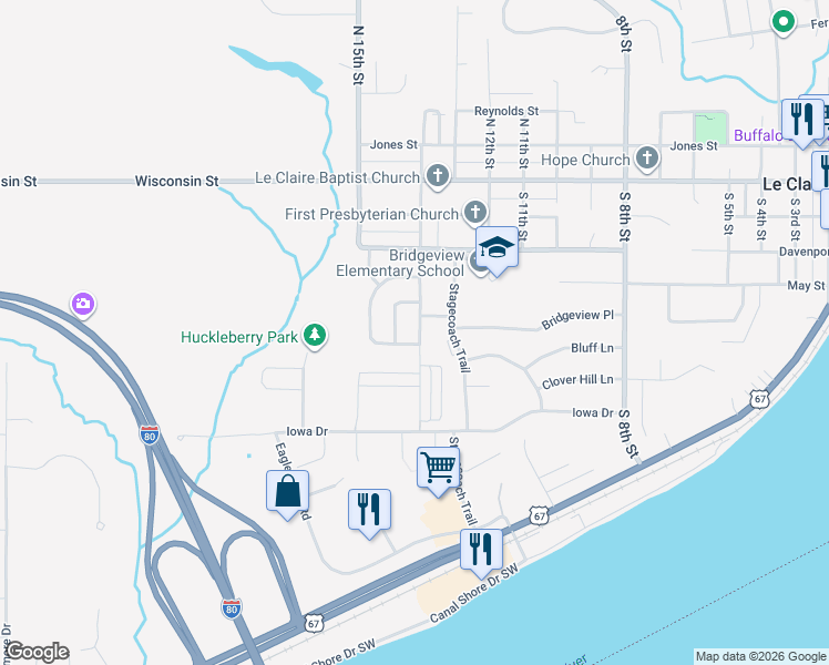 map of restaurants, bars, coffee shops, grocery stores, and more near 1464 Kaylann Drive in Le Claire