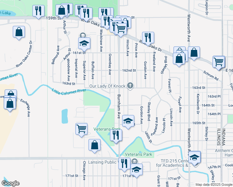 map of restaurants, bars, coffee shops, grocery stores, and more near 1412 Burnham Avenue in Calumet City