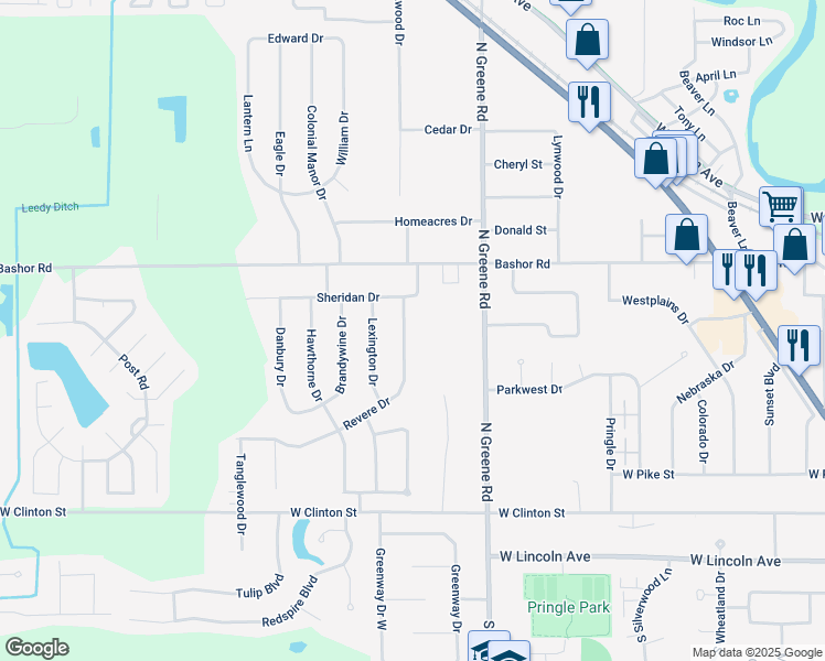 map of restaurants, bars, coffee shops, grocery stores, and more near 606 Revere Drive in Goshen