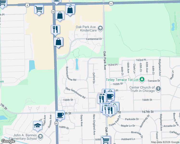 map of restaurants, bars, coffee shops, grocery stores, and more near 16345 Brementowne Drive in Tinley Park
