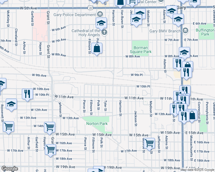 map of restaurants, bars, coffee shops, grocery stores, and more near 1045 Tyler Street in Gary