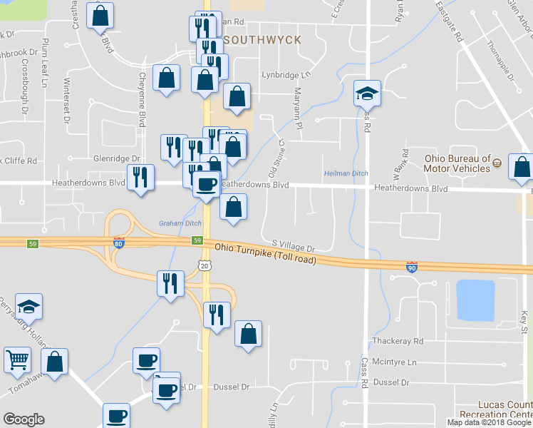 map of restaurants, bars, coffee shops, grocery stores, and more near 2631 West Village Drive in Toledo