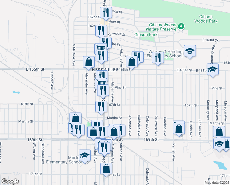 map of restaurants, bars, coffee shops, grocery stores, and more near 6604 Alabama Avenue in Hammond