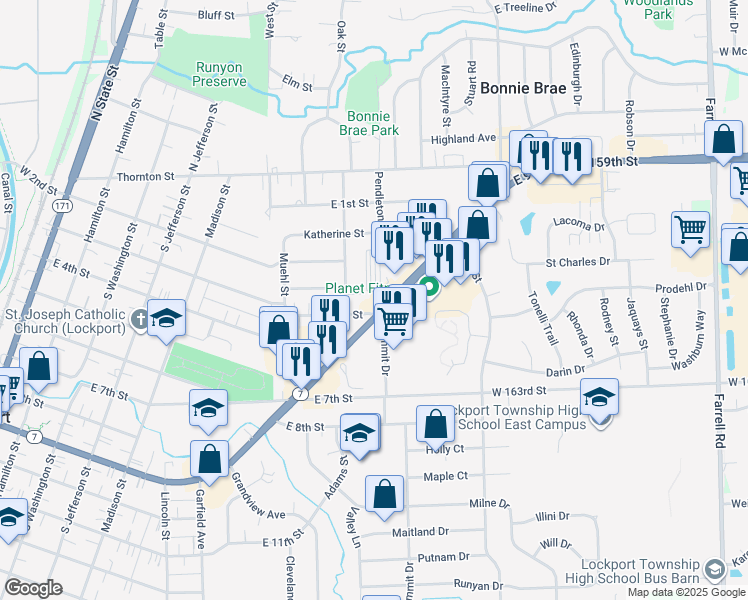 map of restaurants, bars, coffee shops, grocery stores, and more near 976 East 9th Street in Lockport