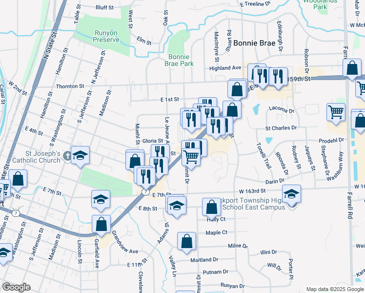 map of restaurants, bars, coffee shops, grocery stores, and more near 976 East 9th Street in Lockport