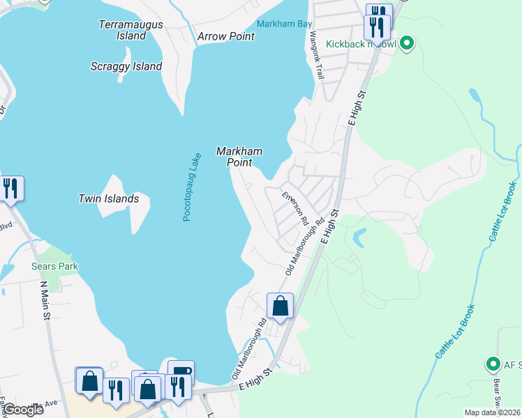 map of restaurants, bars, coffee shops, grocery stores, and more near 32 Meeks Point Road in East Hampton