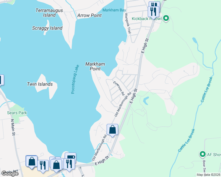 map of restaurants, bars, coffee shops, grocery stores, and more near 9 Barrie Road in East Hampton