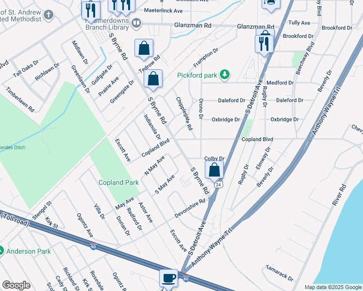 map of restaurants, bars, coffee shops, grocery stores, and more near 3027 South Byrne Road in Toledo