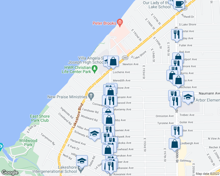 map of restaurants, bars, coffee shops, grocery stores, and more near E 185th St & Pasnow Ave in Euclid