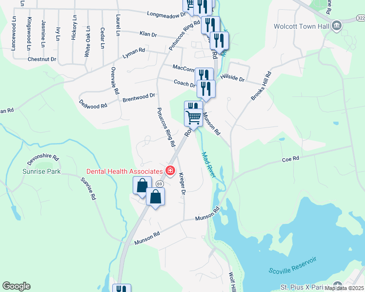 map of restaurants, bars, coffee shops, grocery stores, and more near 500 Wolcott Road in Wolcott